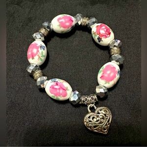 Floral Heart Charm Bracelet with Crystals